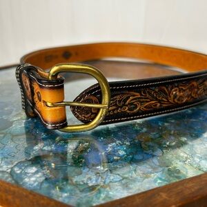 Tooled Leather Western Belt | Brown & Black | Size 34